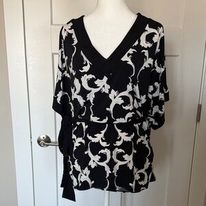 WHBM Black Top Blouse Medium Womens V Neck Tie Waist Neck
